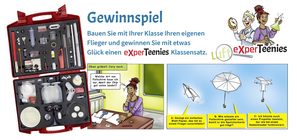 Das Bild zeigt einen roten Werkzeugkasten mit Experimentiermaterialien für den Bau von Fliegern und das Gewinnspiel für Schülerinnen und Schüler. Daneben sind Zeichnungen und Überlegungen einer Schülerin, die verschiedene Ideen für den Bau eines Fallschir