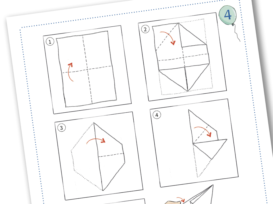 Das Bild zeigt eine Schritt-für-Schritt-Anleitung zur Faltung eines Papiers in verschiedene Formen. Die einzelnen Schritte sind mit Zahlen und Pfeilen gekennzeichnet, um die Falttechnik zu verdeutlichen.