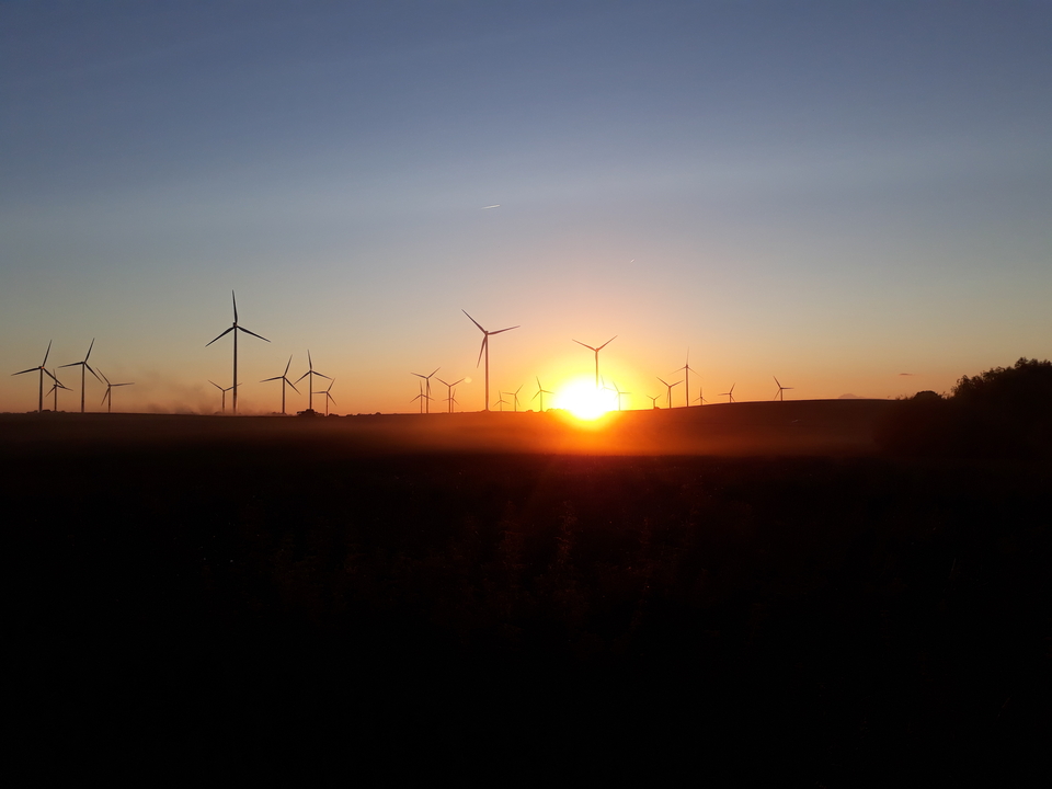 Das Bild zeigt eine atemberaubende Landschaft mit Windkraftanlagen, die majestätisch silhouettiert im Sonnenuntergang stehen. Der Himmel ist in warmen Farben gehalten, während der Sonnenstrahl das Feld beleuchtet und eine ruhige Atmosphäre schafft.