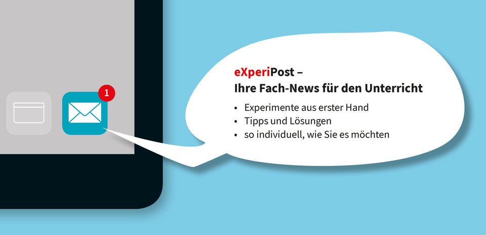 Das Bild zeigt eine digitale Benachrichtigung über neue Fach-News für den Unterricht, bezeichnet als eXperiPost. Dabei handelt es sich um Informationen zu Experimenten, Tipps und individuellen Lösungen für Lehrer im deutschen Bildungswesen.