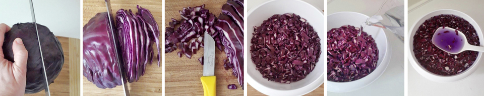 Das Bild zeigt den Prozess der Zubereitung von Rotkohl für ein Experiment. Es sind Schritte zu sehen, wie der Kohl geschnitten und in Wasser eingeweicht wird, um eine farbige Lösung zu erzeugen, die als pH-Indikator genutzt werden kann.