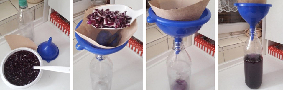 Das Bild zeigt den Prozess der Herstellung eines natürlichen Farbstoffs aus Rotkohl. In mehreren Schritten wird der zerkleinerte Kohl durch einen Trichter in eine Flasche gefiltert, um die violette Flüssigkeit zu gewinnen.