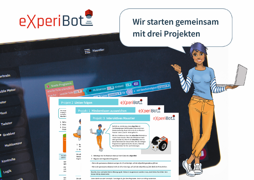 Das Bild zeigt die ein Tablet mit einer Programmieransicht für den eXperiBot Lernroboter. Es sind drei Projekte abgebildet, die auf einer digitalen Oberfläche präsentiert werden, während eine animierte Figur mit einem Laptop interagiert.