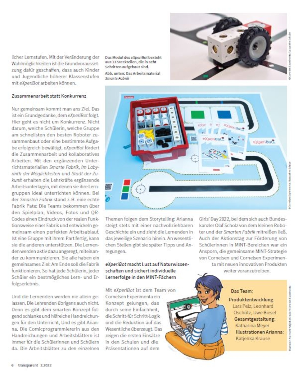 Das Bild zeigt einen Artikel im transparent-Magazin von Cornelsen über den Lernroboter "eXperiBot". Es geht um einen Roboter, der Coding und Robotik in der Schule fördert.