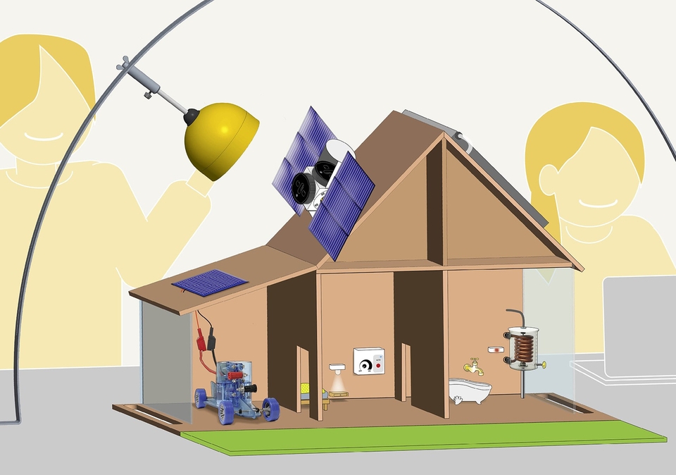 Das Bild zeigt ein Modell eines Energiewandelhauses, ausgestattet mit Solarpanelen und verschiedenen technischen Elementen wie einem Wasserhahn und einem Heizgerät. Es veranschaulicht die Integration erneuerbarer Energien.