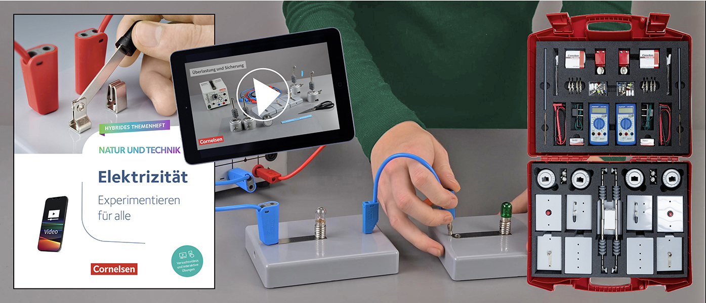 Man sieht von links nach rechts das Titelbild des Modulheftes Elektrizität des Cornelsen Verlags, ein Tablet, auf dem ein Video zu einem der enthaltenen Versuche gestartet werden kann, und den aufgeklappten Experimentierkoffer von Cornelsen Experimenta.