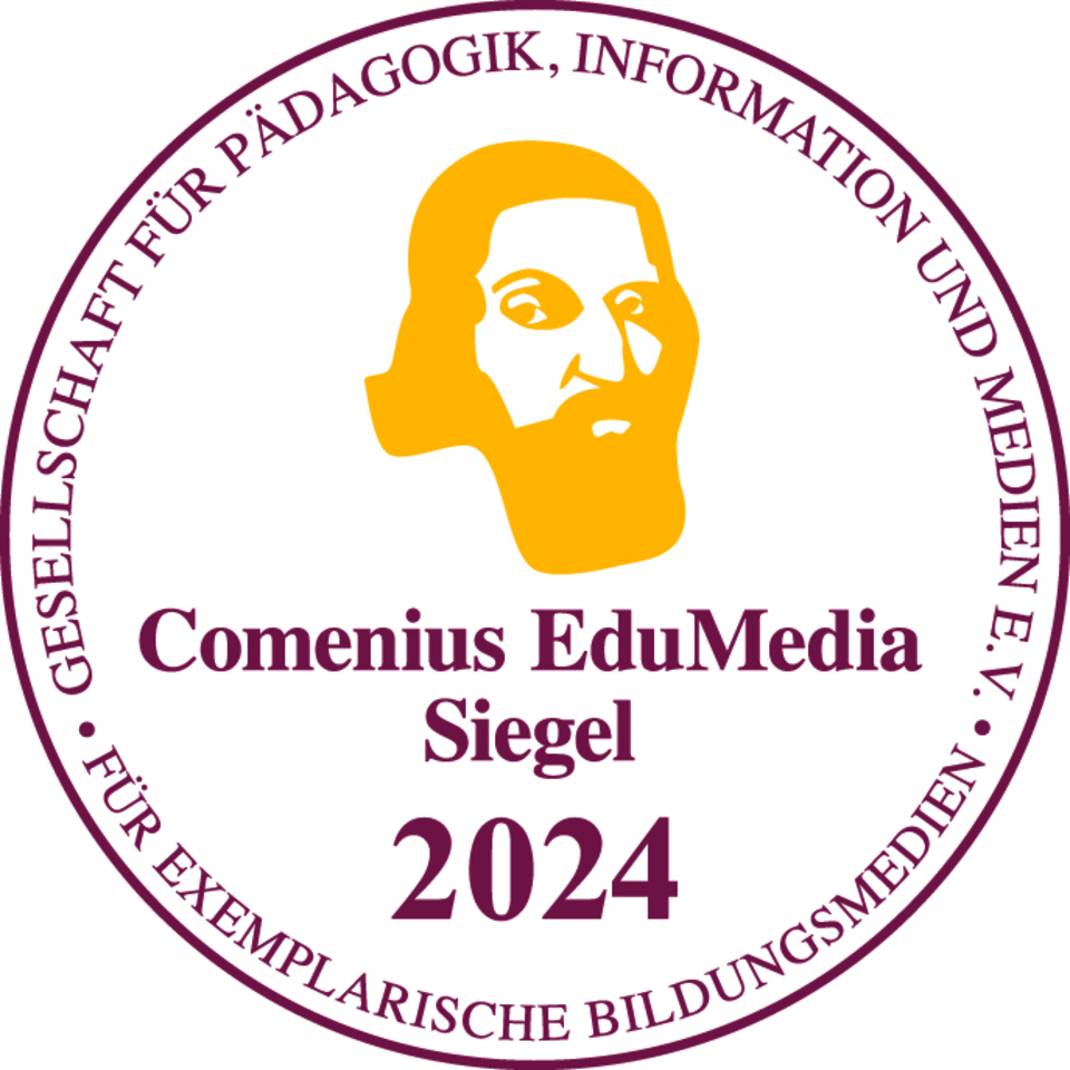 Logo Comenius Siegel/ Das Comenius EduMedia Logo ist ein rundes Siegel mit dem Abbild von Comenius, der zentralen Aufschrift "Comenius EduMedia Siegel 2024" und kreisrund am Rand findet sich der Text " Für exemplarische Bildungsmedien + Gesellschaft für Pädagogik, Informatik und Medien e.V.