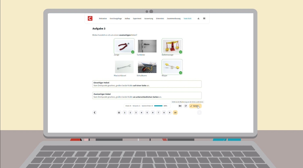 Gezeigt wird ein aufgeklappter, illustrierter Laptop wo ein Screen des eXperiScouts gezeigt wird. Gezeigt wird hier eine Aufgabe, in der die Schüler*innen die korrekten Bilder gemäß der gestellten Aufgabe auswählen sollen.
