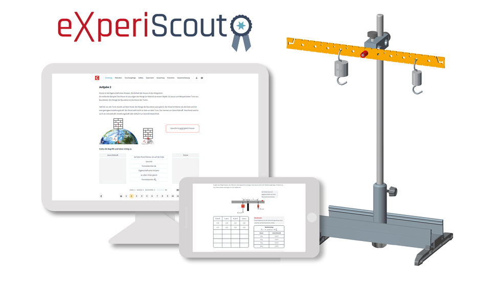 Collage des eXperScout Logos, einem Bildschirm mit Screenshot, einem Tablet mit Screenshot und einem aufgebauten Experiment.