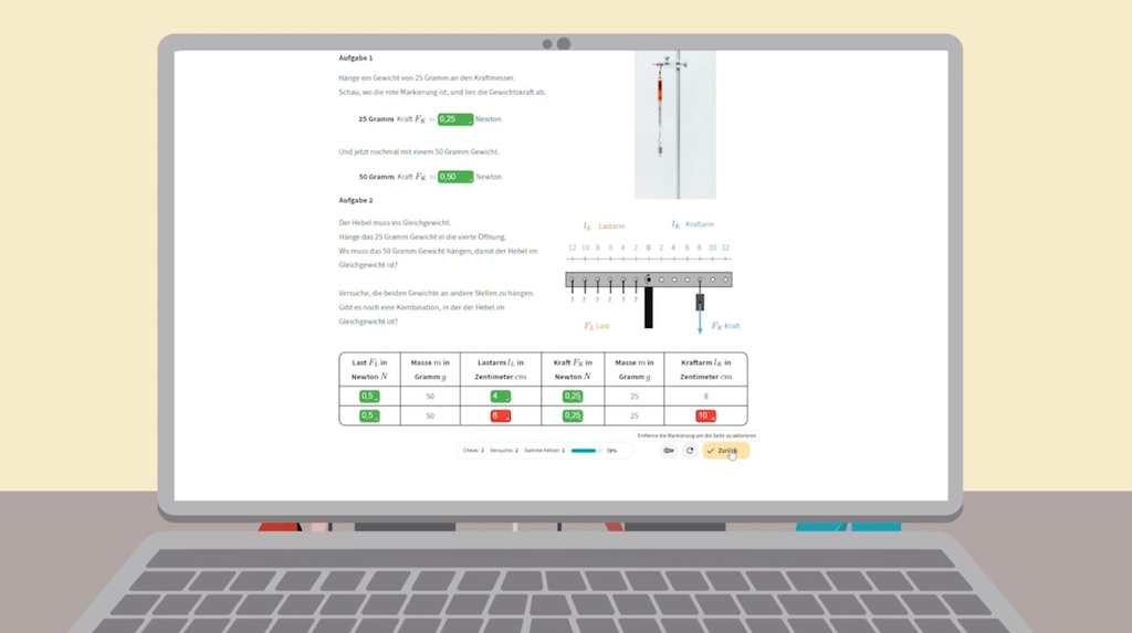 Gezeigt wird ein aufgeklappter, illustrierter Laptop wo ein Screen des eXperiScouts gezeigt wird. Hier ist es eine Experiment wo die Schüler*innen eine Tabelle ausfüllen müssen.