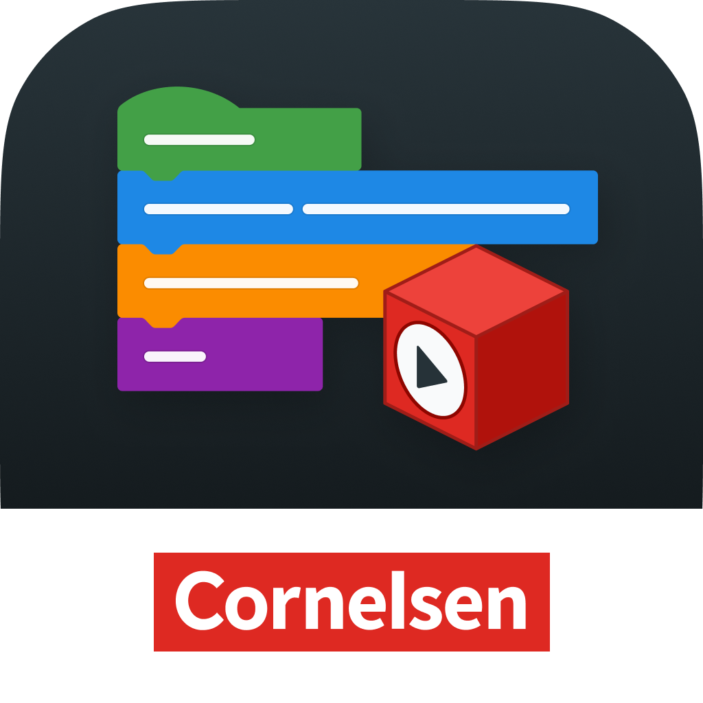Das Bild zeigt ein grafisches Symbol oder Logo, das mit Programmierbl&ouml;cken und einem roten W&uuml;rfel mit einem Abspielsymbol kombiniert ist. Es ist das Logo der Blockly App von Cornelsen, das im Bildungsbereich eingesetzt wird.