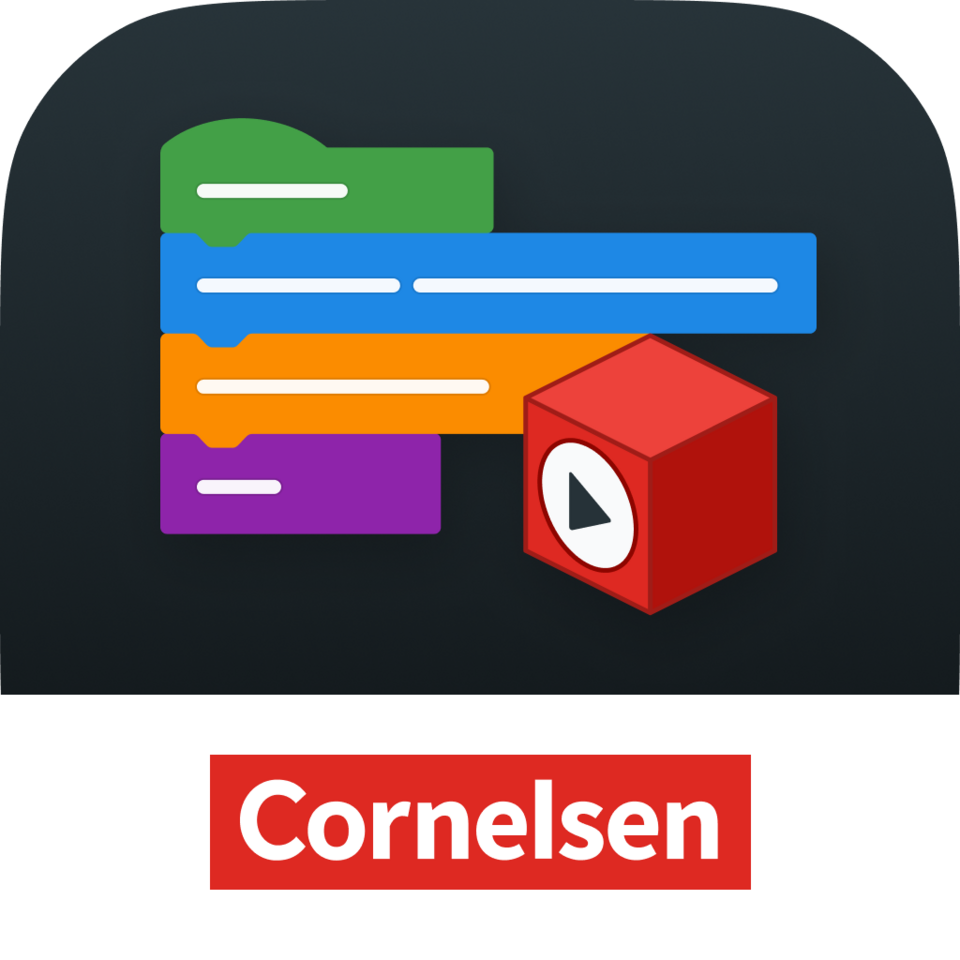 Das Bild zeigt ein grafisches Symbol oder Logo, das mit Programmierblöcken und einem roten Würfel mit einem Abspielsymbol kombiniert ist. Es ist das Logo der Blockly App von Cornelsen, das im Bildungsbereich eingesetzt wird.