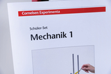 Das Bild zeigt den Titel eines Schüler-Sets mit dem Thema "Mechanik 1" von Cornelsen Experimenta. Darunter ist eine Abbildung zu sehen, die eine Hand zeigt, die mit einem Experimentier-Set zu tun hat.