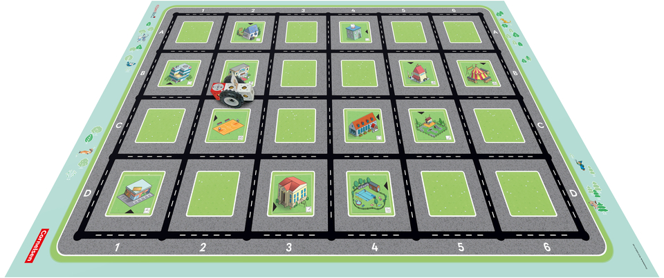 Das Bild zeigt eine bunte Spielfläche mit einem Raster aus Straßen und verschiedenen Gebäuden, unterteilt in Koordinaten. Ein kleiner Spieltraktor ist auf dem Spielfeld positioniert und weist auf eine interaktive Lernumgebung hin.