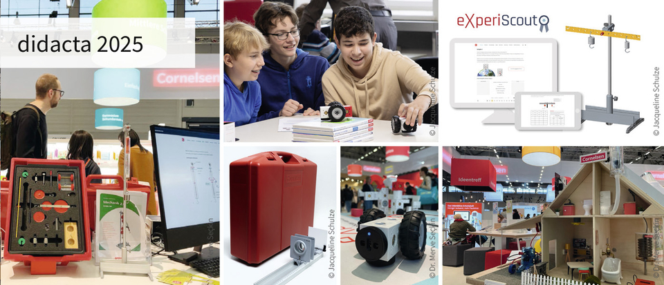 Das Bild zeigt die Didacta 2025, eine Bildungsmesse mit verschiedenen Experimentiersets und Lernmaterialien. Kinder und Jugendliche sind in interaktive Aktivitäten eingebunden, während Displays und Exponate aus dem Bereich Experimentierbedarf für Schulen präsentiert werden.
