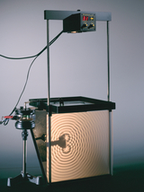 Das Bild zeigt ein Experimentiergerät, das zur Untersuchung von Wellenbewegungen in Wasser verwendet wird. Es besteht aus einem Wassertank mit einer transparenten Wand, an dem ein Steuergerät mit Anzeige und Bedienelementen angebracht ist.
