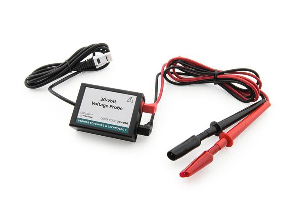 Das Bild zeigt eine 30-Volt-Spannungsprobe mit zwei Anschlusskabeln in Rot und Schwarz. Die Probe dient zur Messung elektrischer Spannungen und ist ein hilfreiches Werkzeug für Experimente im Bildungswesen.