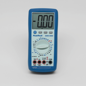 Das Bild zeigt ein digitales Multimeter der Marke PeakTech 3335 in blauer Farbe. Es verfügt über verschiedene Messfunktionen, darunter Spannungs- und Strommessung, und hat eine digitale Anzeige sowie mehrere Einstellmöglichkeiten.