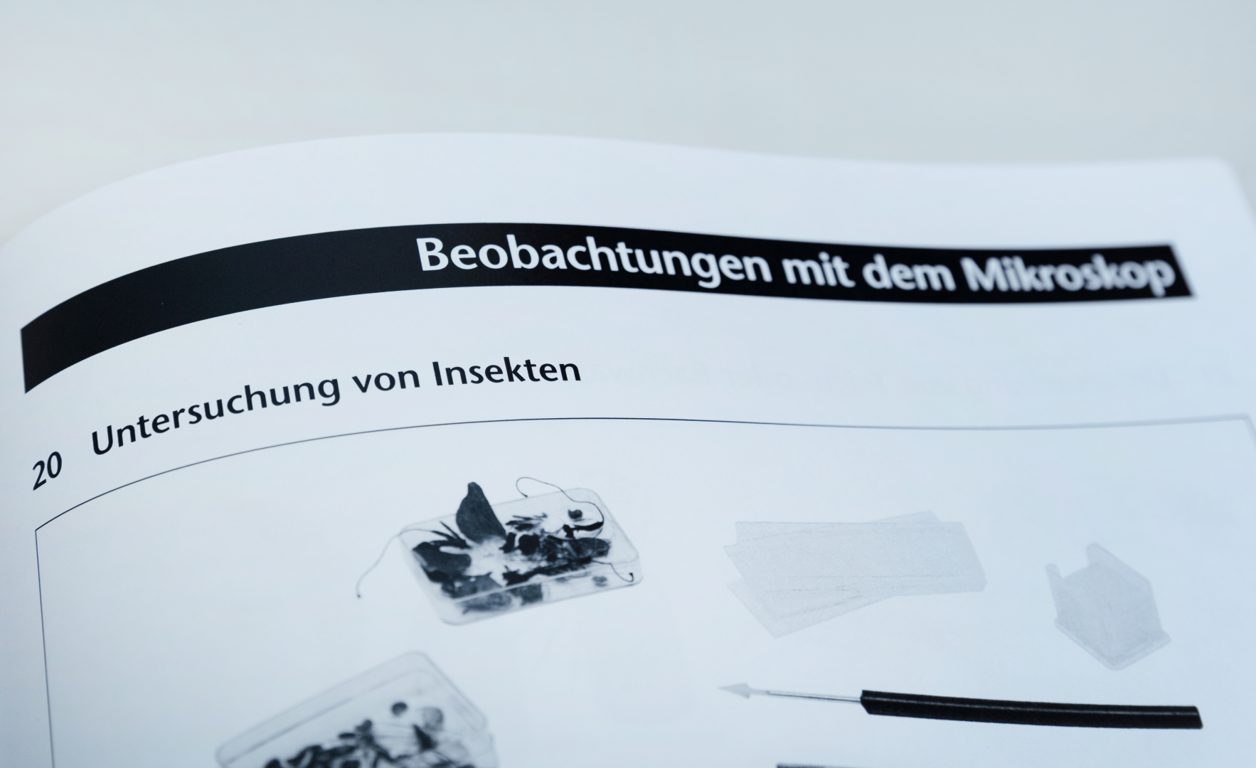 Das Bild zeigt eine Seite aus einem Bildungsbuch mit dem Titel „Beobachtungen mit dem Mikroskop“. Der Abschnitt behandelt die Untersuchung von Insekten und listet verschiedene Materialien und Geräte auf, die für diese Experimente verwendet werden können.