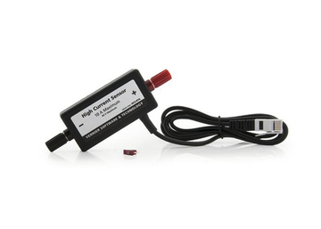 Das Bild zeigt einen Hochstromsensor, der für Experimente im Bildungsbereich konzipiert ist. Er hat eine maximale Messkapazität von 10 A und ist mit einem Kabel ausgestattet, das zur Verbindung mit einem kompatiblen Gerät dient.