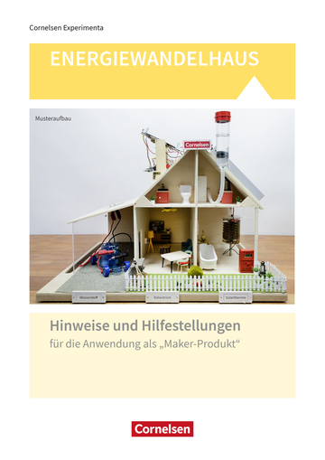 Das Bild zeigt ein Modell eines „Energiewandelhauses“, das verschiedene Energiequellen wie Wasserstoff, Solarstrom und Solarthermie veranschaulicht. Es dient als Beispiel für ein pädagogisches Experimentierprojekt zur Anwendung erneuerbarer Energien im Bildungswesen.