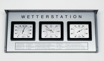 Das Bild zeigt eine Wetterstation mit drei analogen Messgeräten: einem Hygrometer zur Luftfeuchtigkeit, einem Barometer zur Luftdruckmessung und einem Thermometer zur Temperaturmessung. Unter den Messgeräten sind Erläuterungen zu den Messwerten und deren Bedeutung für das Wetter abgedruckt.