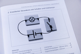 Das Bild zeigt eine schematische Darstellung eines erweiterten Stromkreises mit einem Schalter und einer Glühlampe. Die Verbindungselemente sind grafisch angeordnet und dienen zur Veranschaulichung elektrischer Grundlagen im Bildungsbereich.