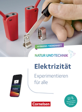 Das Bild zeigt ein Experimentier-Set zur Elektrizität, das zwei rote Kabel und ein Verbindungselement umfasst. Zudem wird ein hybrides Themenheft von Cornelsen präsentiert, das interaktive Übungen und Versuchsvideos zum Experimentieren für alle anbietet.