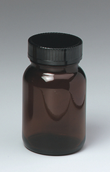 Das Bild zeigt ein braunes Glasbehältnis mit einem schwarzen Schraubdeckel. Es eignet sich vermutlich zur Aufbewahrung von Chemikalien oder anderen Materialien für Experimente im Bildungsbereich.