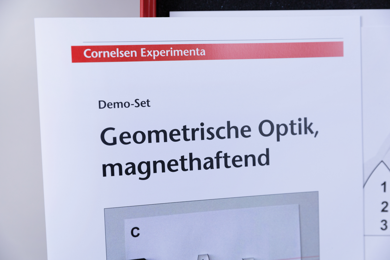 Das Bild zeigt ein Informationsblatt über ein Demo-Set zur geometrischen Optik, das magnethaftend ist. Es stammt aus dem Cornelsen Experimenta, einem Anbieter von Experimentiermaterial für das Bildungswesen in Deutschland.