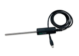 Das Bild zeigt einen Temperaturfühler mit einem schlanken Metall-Element und einem USB-Anschluss. Dieses Messgerät ist ideal für Experimente im Bildungswesen zur Temperaturmessung in verschiedenen Materialien.