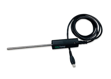Das Bild zeigt einen Temperaturfühler mit einem schlanken Metall-Element und einem USB-Anschluss. Dieses Messgerät ist ideal für Experimente im Bildungswesen zur Temperaturmessung in verschiedenen Materialien.