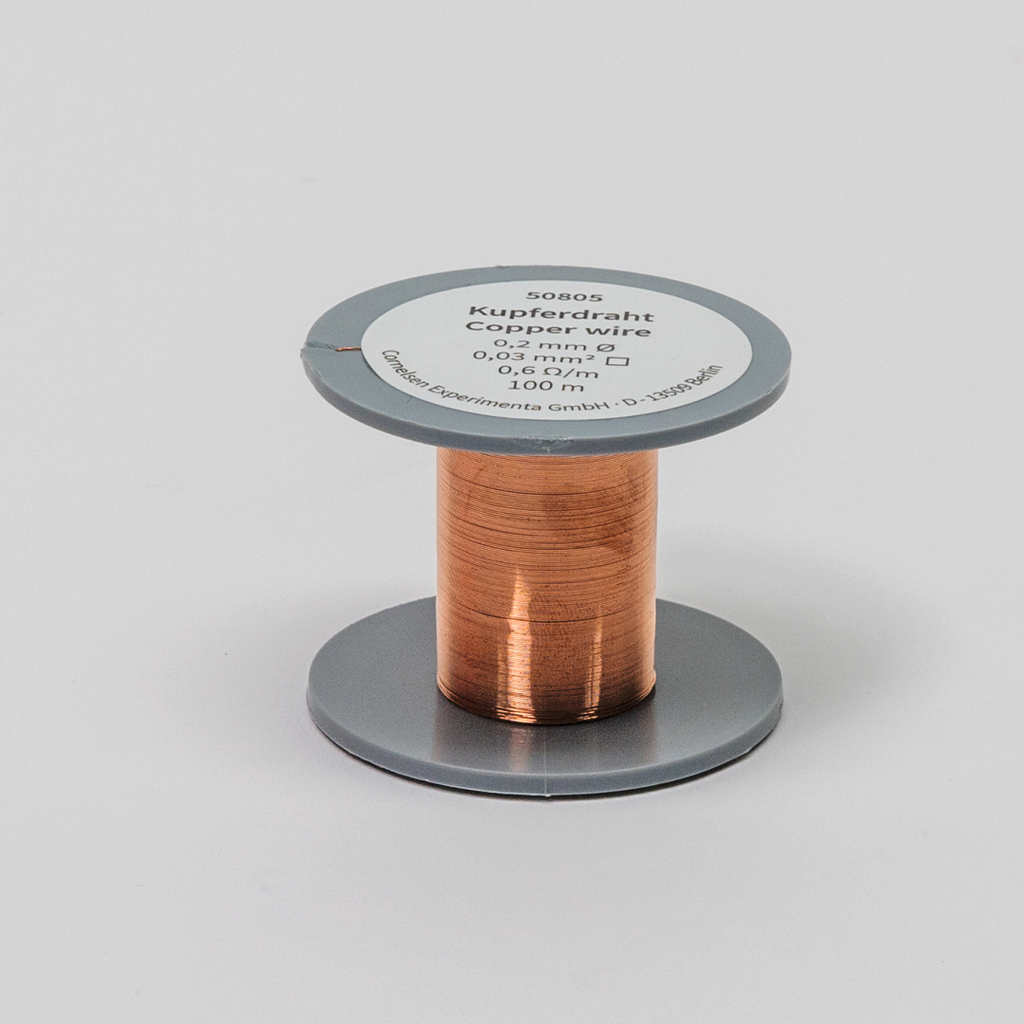 Das Bild zeigt eine Spule mit Kupferdraht, die für Experimente im Bildungswesen verwendet wird. Der Draht hat einen Durchmesser von 0,2 mm und eine Länge von 100 Metern.