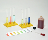 Das Bild zeigt mehrere Reagenzgläser in einem gelben Ständer, die jeweils mit unterschiedlichen Flüssigkeiten gefüllt sind. Daneben befindet sich eine Pipette und eine Flasche mit roter Flüssigkeit sowie ein pH-Teststreifen mit farbigen Skalen.