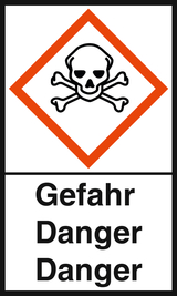 Das Bild zeigt ein Warnsymbol mit einem Totenkopf und gekreuzten Knochen, um auf die Gefahren von giftigen Substanzen hinzuweisen. Darunter steht das Wort „Gefahr“ in großer Schrift, ergänzt durch die englische Übersetzung „Danger“.