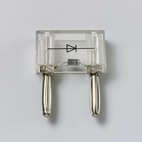 Das Bild zeigt ein transparentes elektrisches Experimentiergerät, das eine Diode darstellt. Es verfügt über zwei Metallkontakte und sind für den Einsatz im Bildungsbereich bestimmt, um die Funktionsweise von Dioden zu demonstrieren.
