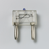 Das Bild zeigt ein transparenter Versuchsträger mit zwei metallischen Griffen, der für Experimente im Bereich der Physik verwendet wird. Der Träger ist mit einem Diagramm zur Veranschaulichung von elektrischem Strom versehen.