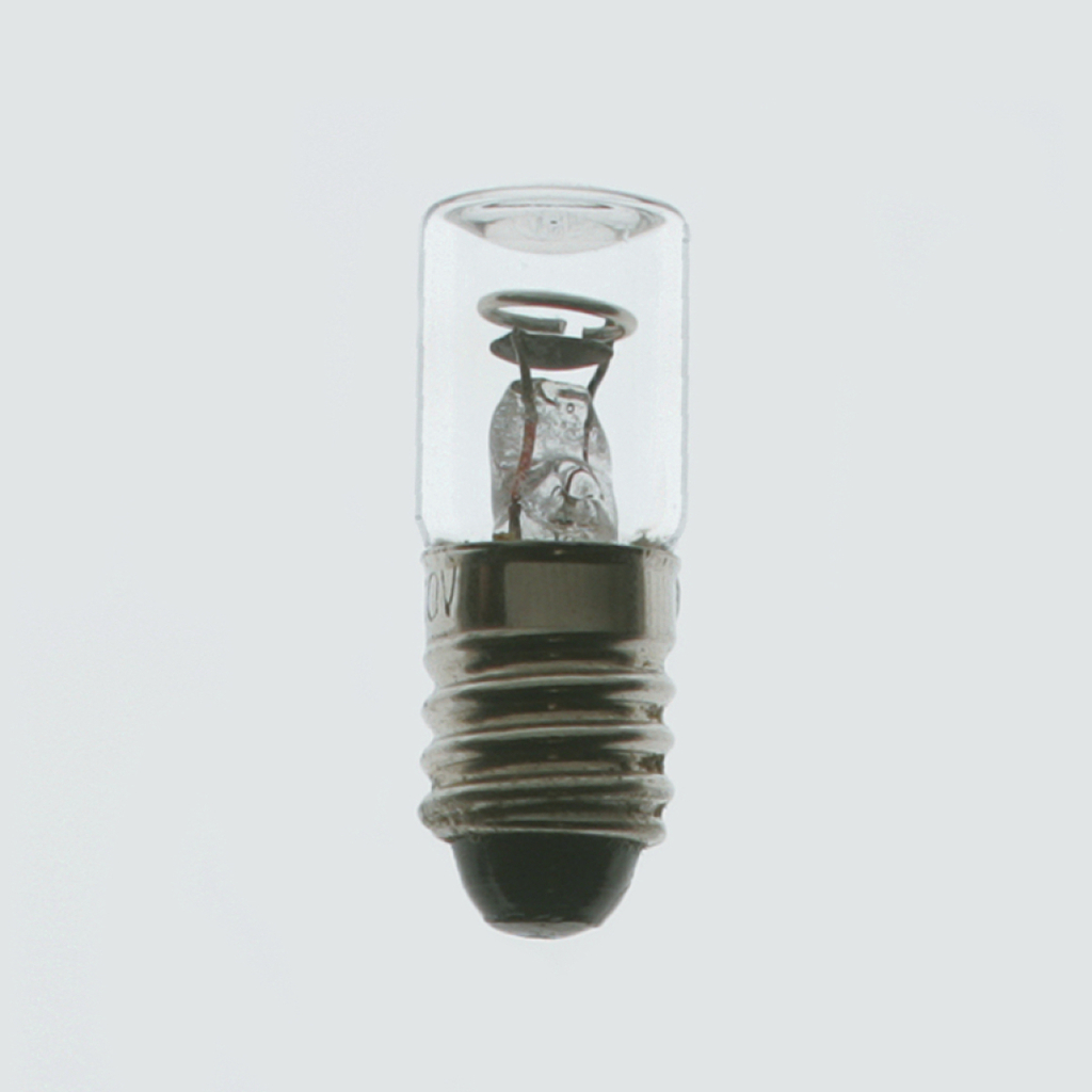Das Bild zeigt eine kleine Glühbirne mit einer transparenten Glasumhüllung und einem metallischen Sockel. Im Inneren sind die filigranen Drähte der Glühfaden deutlich sichtbar.