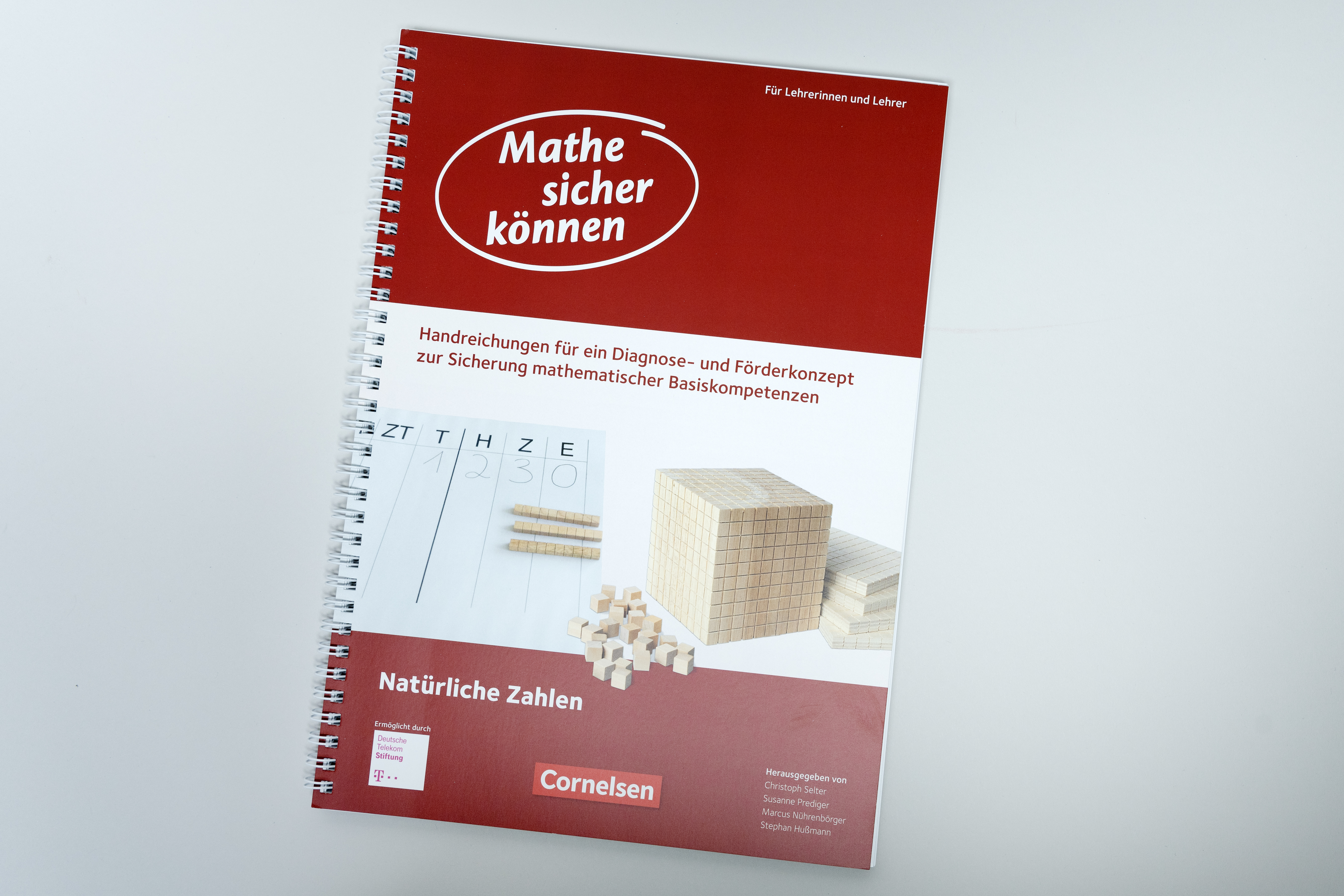 Das Bild zeigt ein Handbuch mit dem Titel "Mathe sicher können", das Lehrerinnen und Lehrern Hilfen zur Diagnose und Förderung mathematischer Kompetenzen bietet. Neben dem Buch sind Holzklötze abgebildet, die zur Veranschaulichung von Zahlen verwendet werden können.