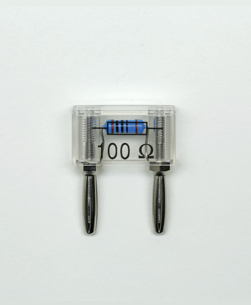 Das Bild zeigt einen Widerstand mit einem Widerstandswert von 100 Ohm, der in einem transparenten Gehäuse untergebracht ist. Die beiden Anschlüsse des Widerstands sind sichtbar und bereit zur Verwendung in experimentellen Schaltungen.