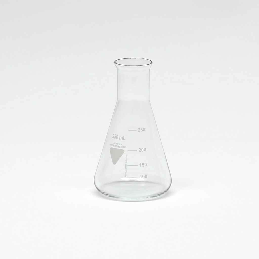 Auf dem Bild ist ein konisch geformter Erlenmeyerkolben mit einem Fassungsvermögen von 250 ml zu sehen. Der Kolben ist aus Glas und hat eine Skala, die das Volumen anzeigt.