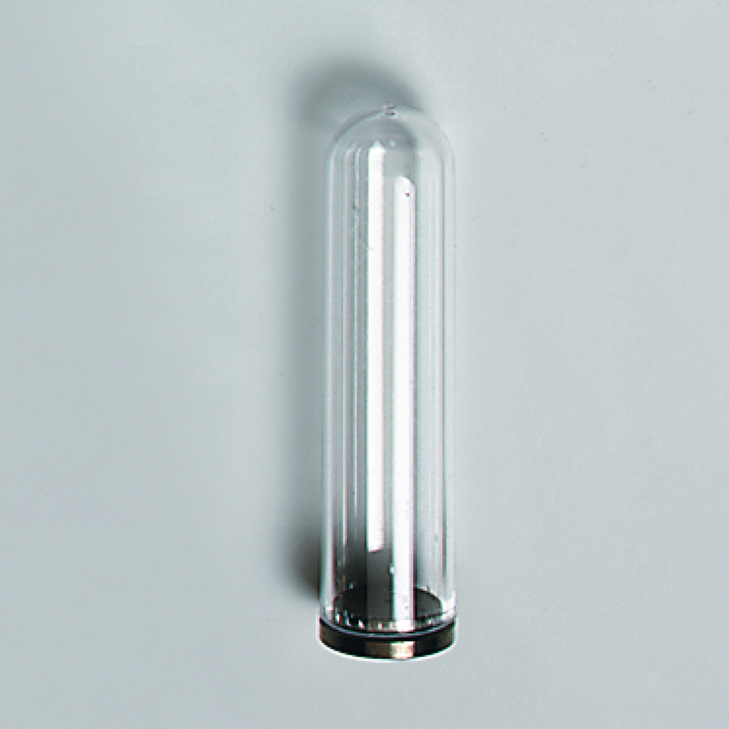 Das Bild zeigt ein transparenter Reagenzglas mit einer runden Basis. Es ist für den Einsatz in Experimenten und wissenschaftlichen Anwendungen konzipiert.