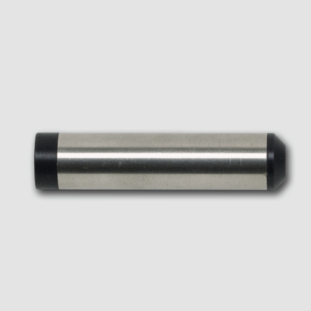 Das Bild zeigt einen zylindrischen Stab aus Metall mit einem abgerundeten Ende und schwarzen Kappen an beiden Seiten. Er könnte Teil von experimentellen Geräten oder Lehrmaterialien im Bildungsbereich sein.