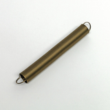 Das Bild zeigt eine längliche Metallfeder mit zwei Schlaufen an den Enden. Diese Feder ist vermutlich für Experimente im Bildungsbereich gedacht, um physikalische Prinzipien wie Kraft und Bewegung zu veranschaulichen.