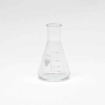 Das Bild zeigt einen transparenten Erlenmeyerkolben mit einem Fassungsvermögen von 250 ml. Der Kolben ist mit einer graduellen Skala markiert, die das Messen von Flüssigkeiten erleichtert und ist ideal für den Einsatz im Bildungsbereich.
