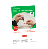 Das Bild zeigt ein Mini-Set für Elektromotoren, das für den Einsatz ab der 9. Klasse empfohlen wird. Es enthält eine Abbildung, die eine Person zeigt, die mit einem Batteriekontakt und einem Draht arbeitet, sowie Informationen zu Auswertungen und Hinweisen.