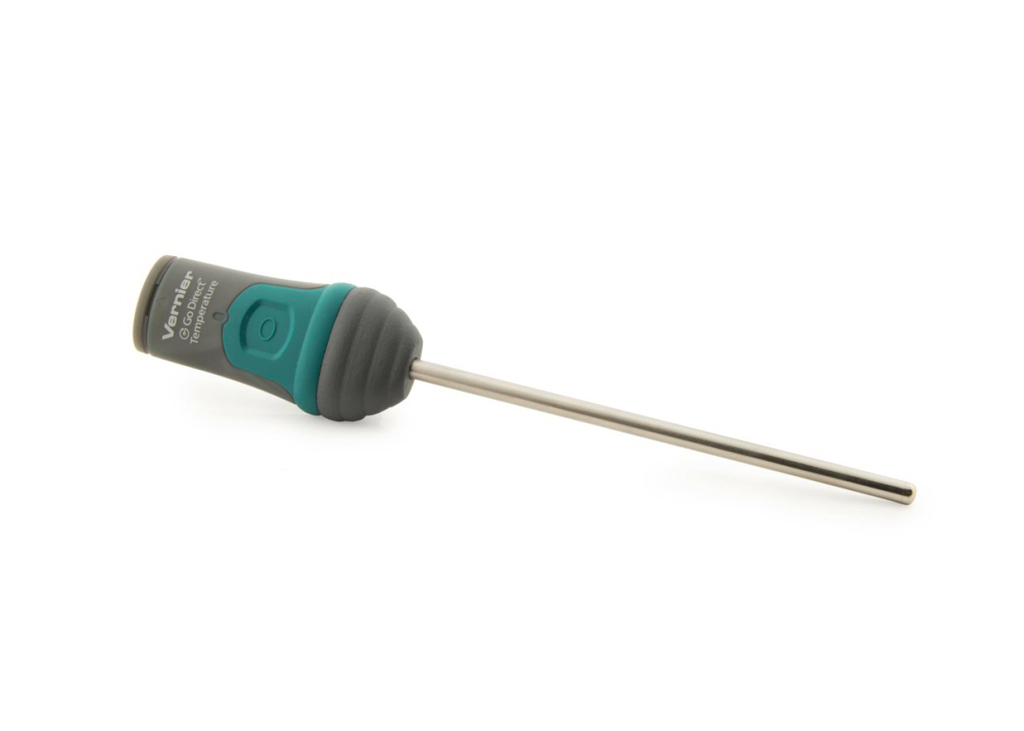 Das Bild zeigt ein digitales Thermometer mit einem langen Edelstahlfühler und einem ergonomischen Griff in Blau und Grau. Es ist ein nützliches Werkzeug für Experimente im Bildungsbereich, um präzise Temperaturmessungen durchzuführen.