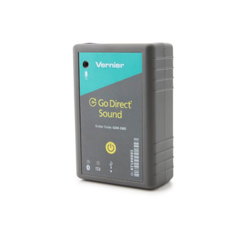 Das Bild zeigt ein kompaktes Messgerät namens "Go Direct Sound" von Vernier. Es verfügt über Funktionen zur Analyse von Klängen und ist für den Einsatz im Bildungswesen konzipiert, mit Anschlüssen für Bluetooth und USB.