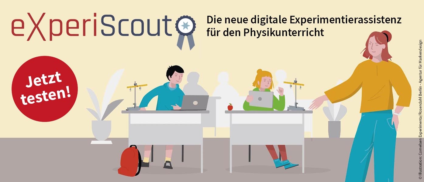 Das Bild zeigt zwei Schüler an Tischen mit Laptops, die an einem Physikexperiment arbeiten. Eine Lehrerin steht daneben und präsentiert die digitale Experimentierassistenz "eXperiScout".
