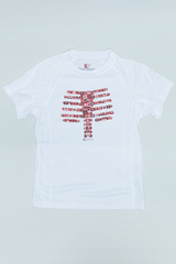 Ein weißes T-Shirt mit einem auffälligen Druck, der die menschlichen Rippen darstellt, ist zu sehen. Die Rippen sind aus verschiedenen bunten Mustern und Symbolen zusammengesetzt, was dem Shirt einen spielerischen und lehrreichen Charakter verleiht.